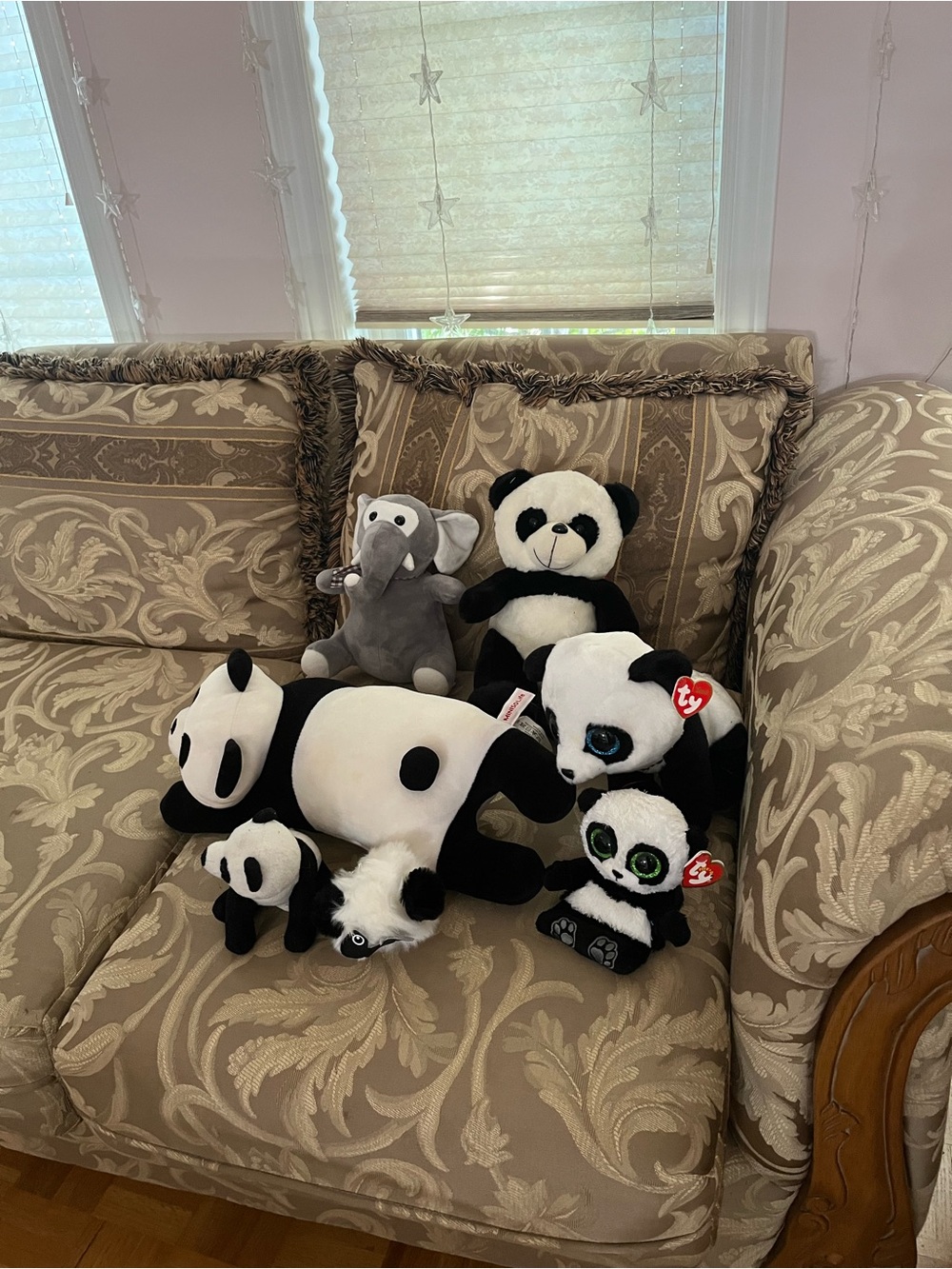 6 Panda Plush - Black & White + Bonus Elephant
